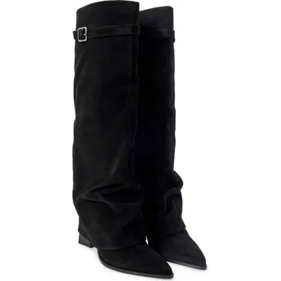 FREE PEOPLE Women's NIB Felicity Foldover Black Suede Knee High Boot size 7 - Picture 1 of 13